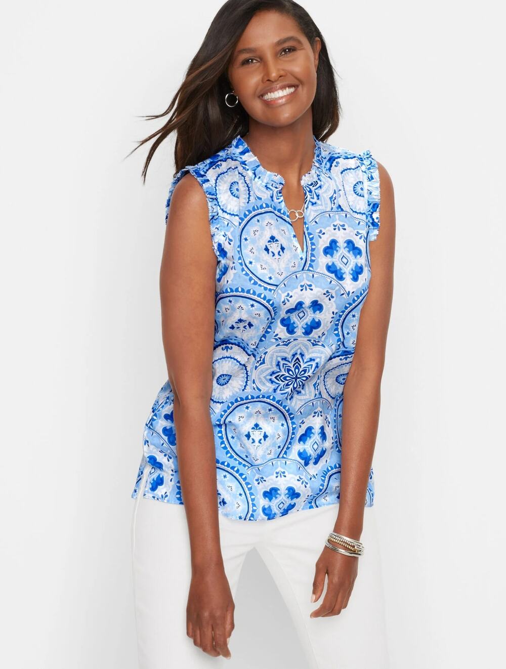Talbots Layered Medallion Ruffle Trim Blue Floral Split Neck Sleeveless Sz 3XP